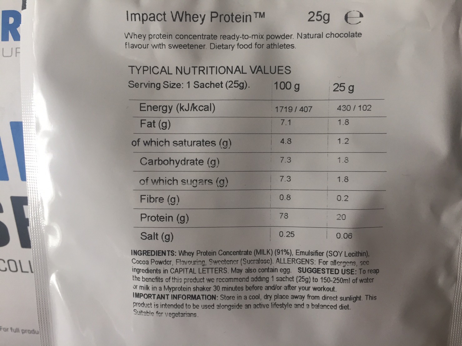 【WPC】Impactホエイプロテイン「Natural Chocolate(ナチュラルチョコレート味)」の成分表
