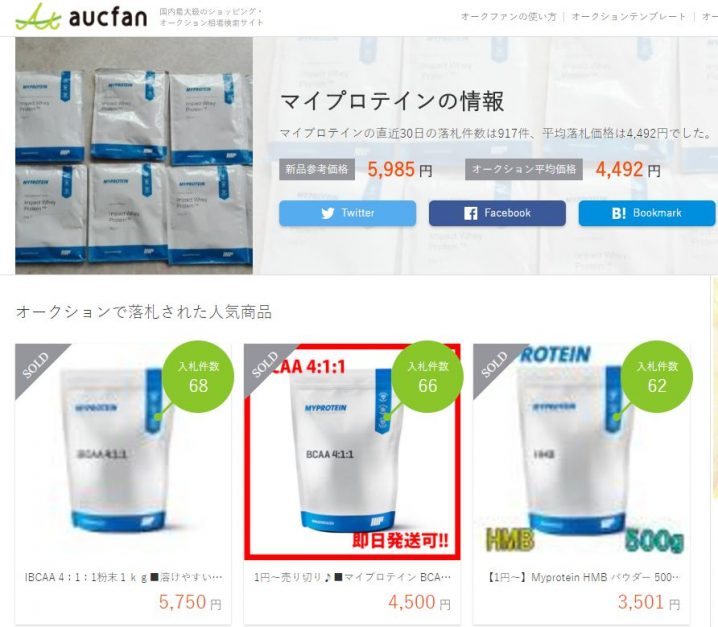 オークファンで「マイプロテイン」を検索