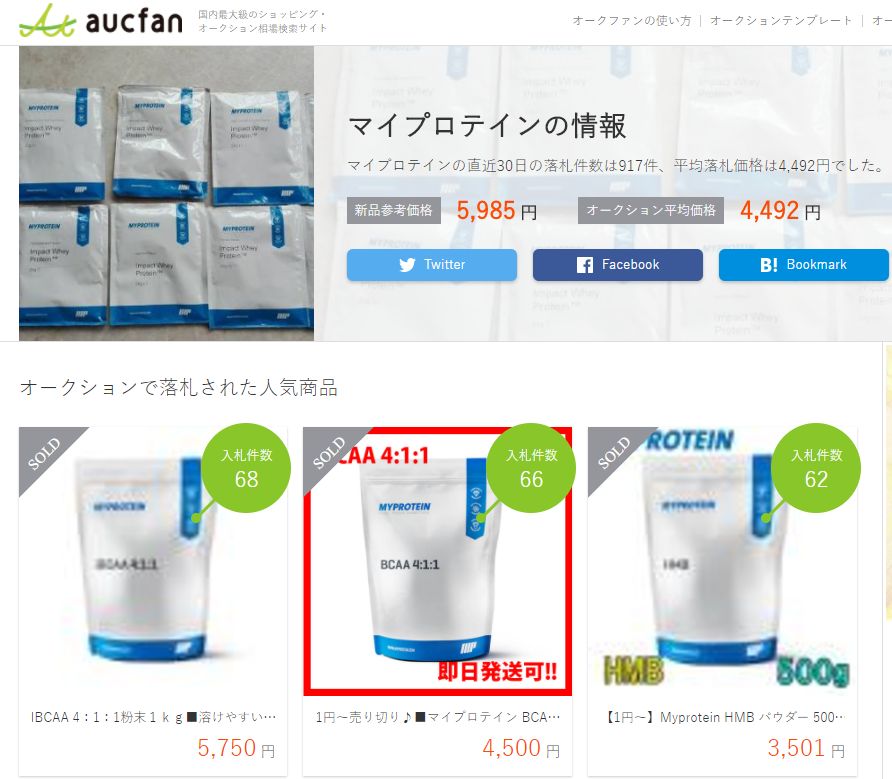 オークファンで「マイプロテイン」を検索