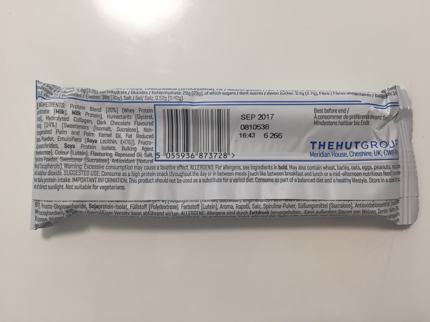 ハイプロテインバー(High Protein Bar)「CHOCOLATE MINT FLAVOUR(チョコミント味)」の成分表
