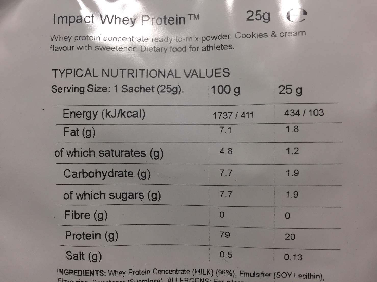 Cookies&Cream Flavour(クッキー&クリーム味)の成分表