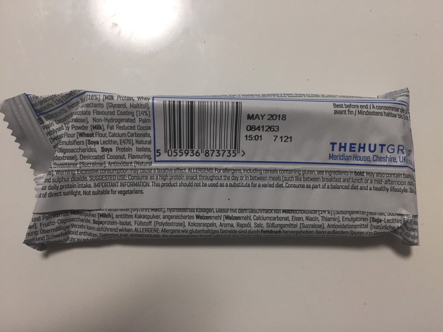 ハイプロテインバー(High Protein Bar)「CHOCOLATE COCONUT FLAVOUR(チョコレートココナッツ味)」の成分表