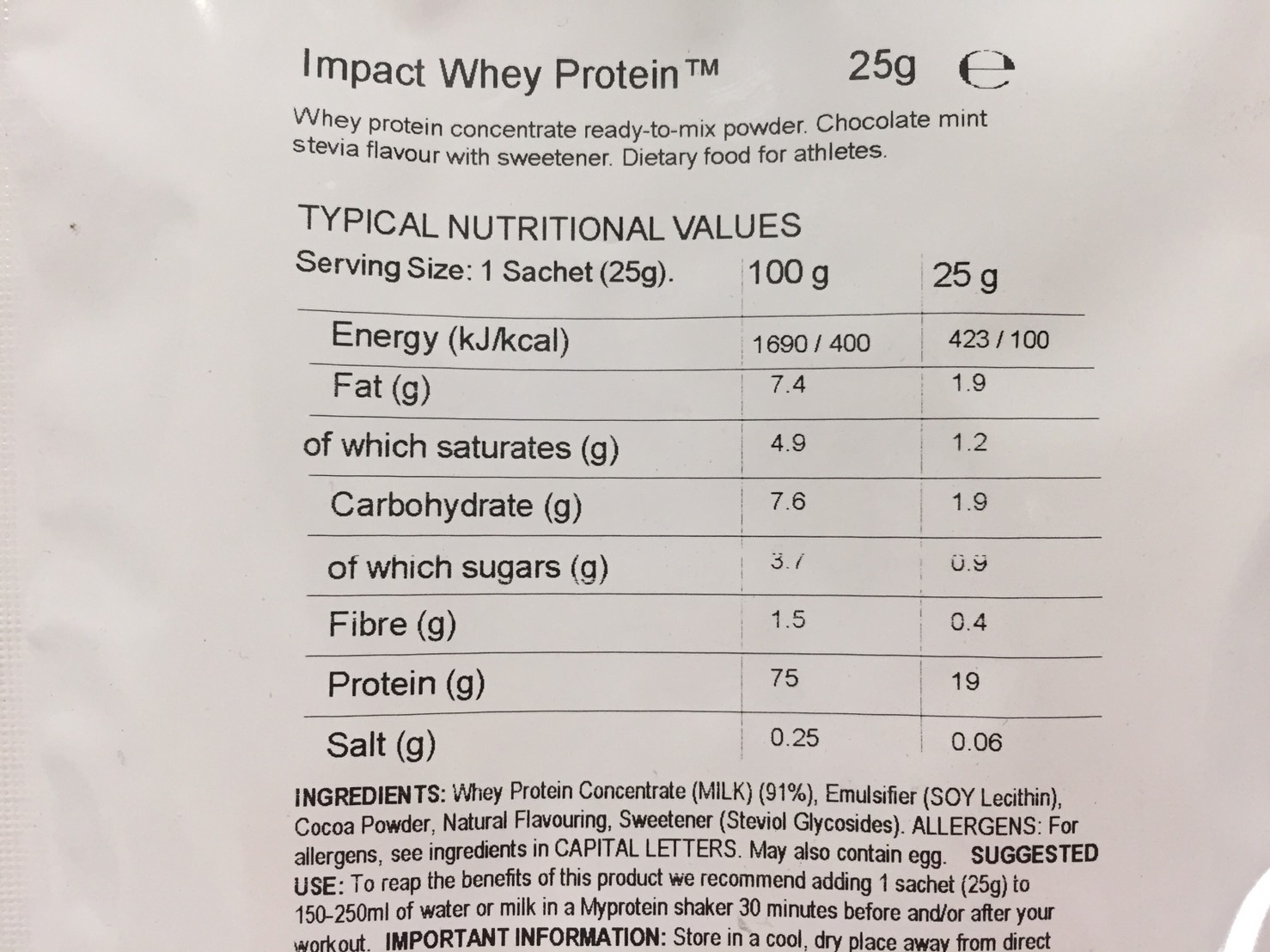 Chocolate Mint Stevia Flavour(チョコレートミントステビア味)の成分表