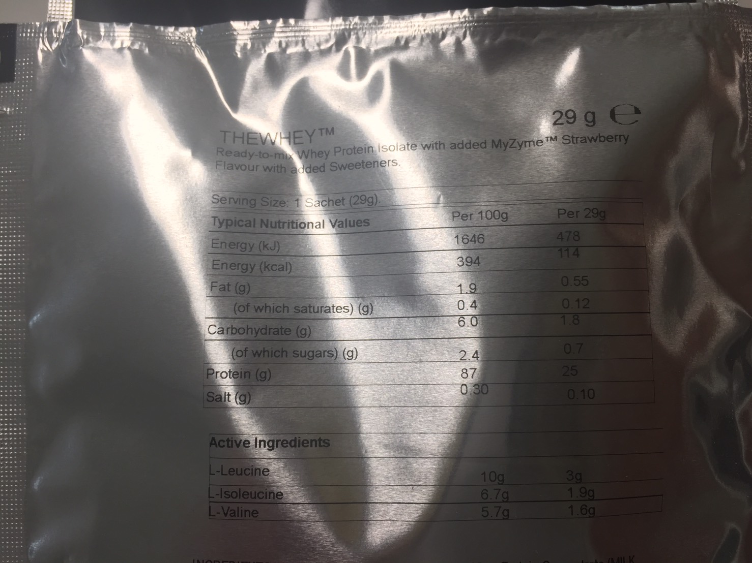 マイプロテイン「THEWHEY」ストロベリー味の成分表