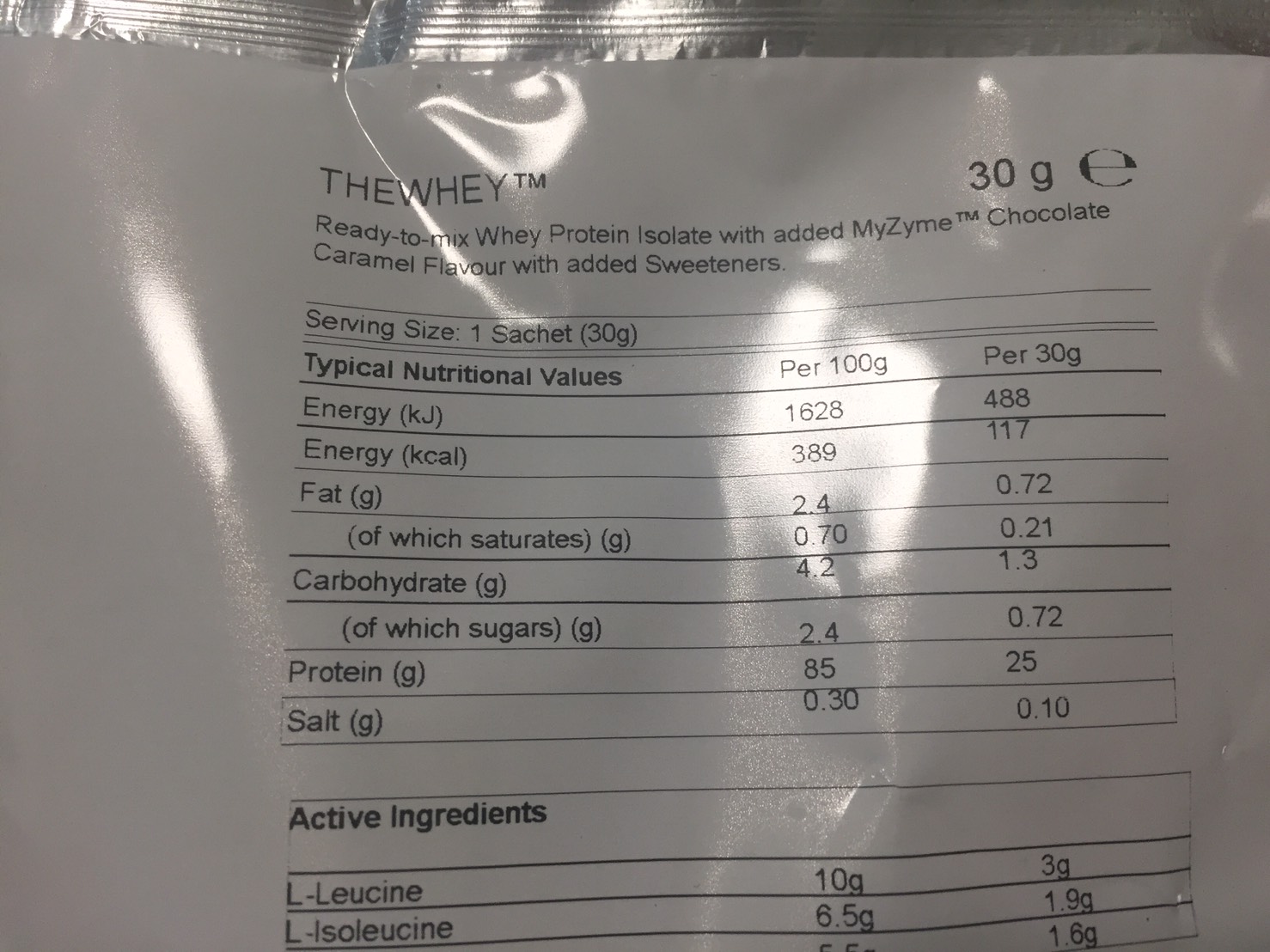 マイプロテイン「THEWHEY」チョコレートキャラメル味の成分表