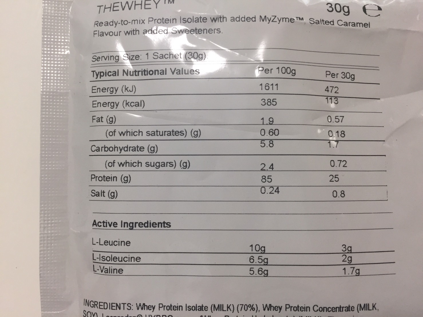 マイプロテイン「THEWHEY」ソルティッドキャラメル味の成分表