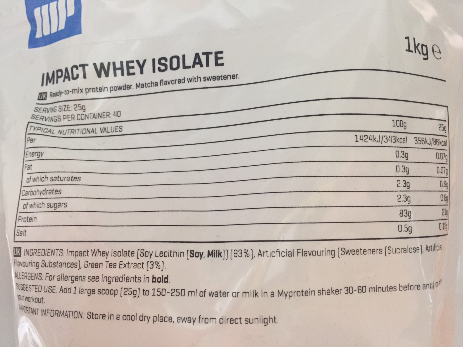 【WPI】IMPACT 分離ホエイプロテイン (アイソレート)「MATCHA FLAVOUR(抹茶味)」の成分表の確認