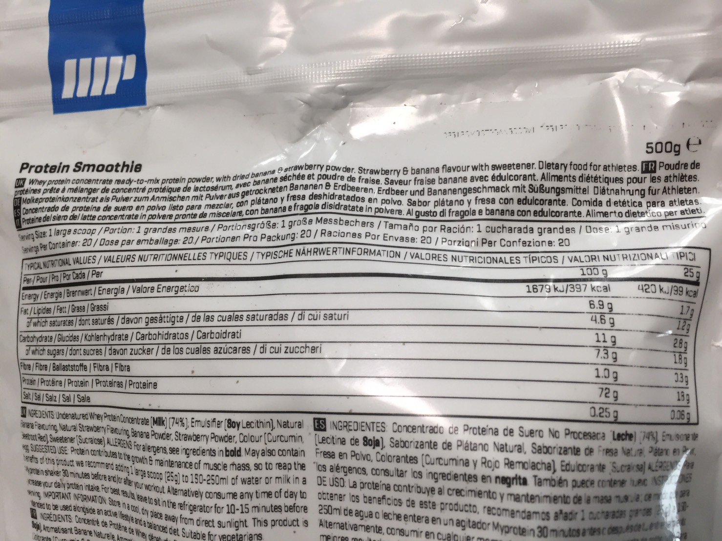 Protein Smoothie(プロテイン・スムージー)「STRAWBERRY & BANANA FLAVOUR(ストロベリー&バナナ味)」の成分表