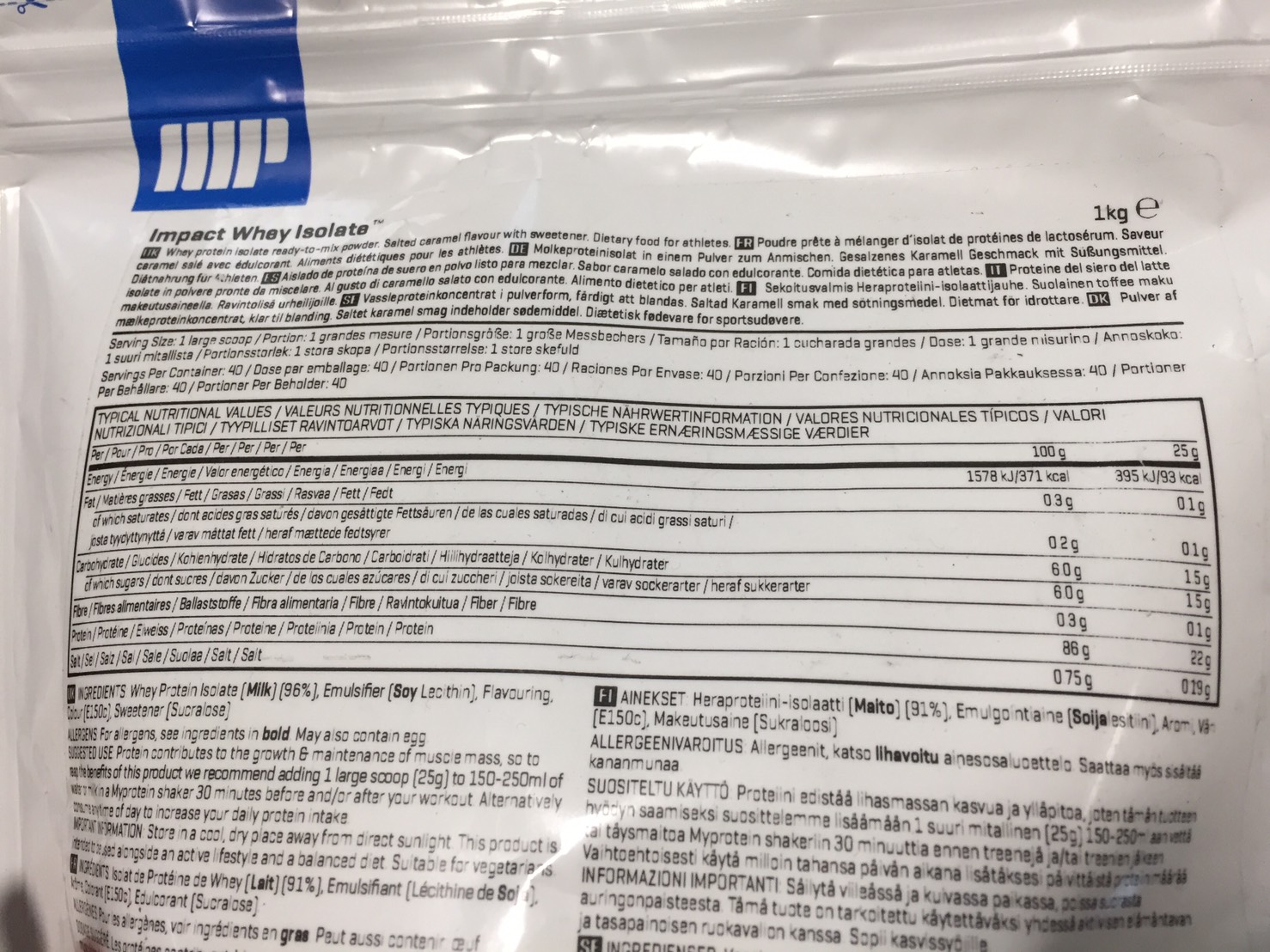 【WPI】IMPACT 分離ホエイプロテイン (アイソレート)「SALTED CARAMEL FLAVOUR(塩キャラメル味)」の成分表