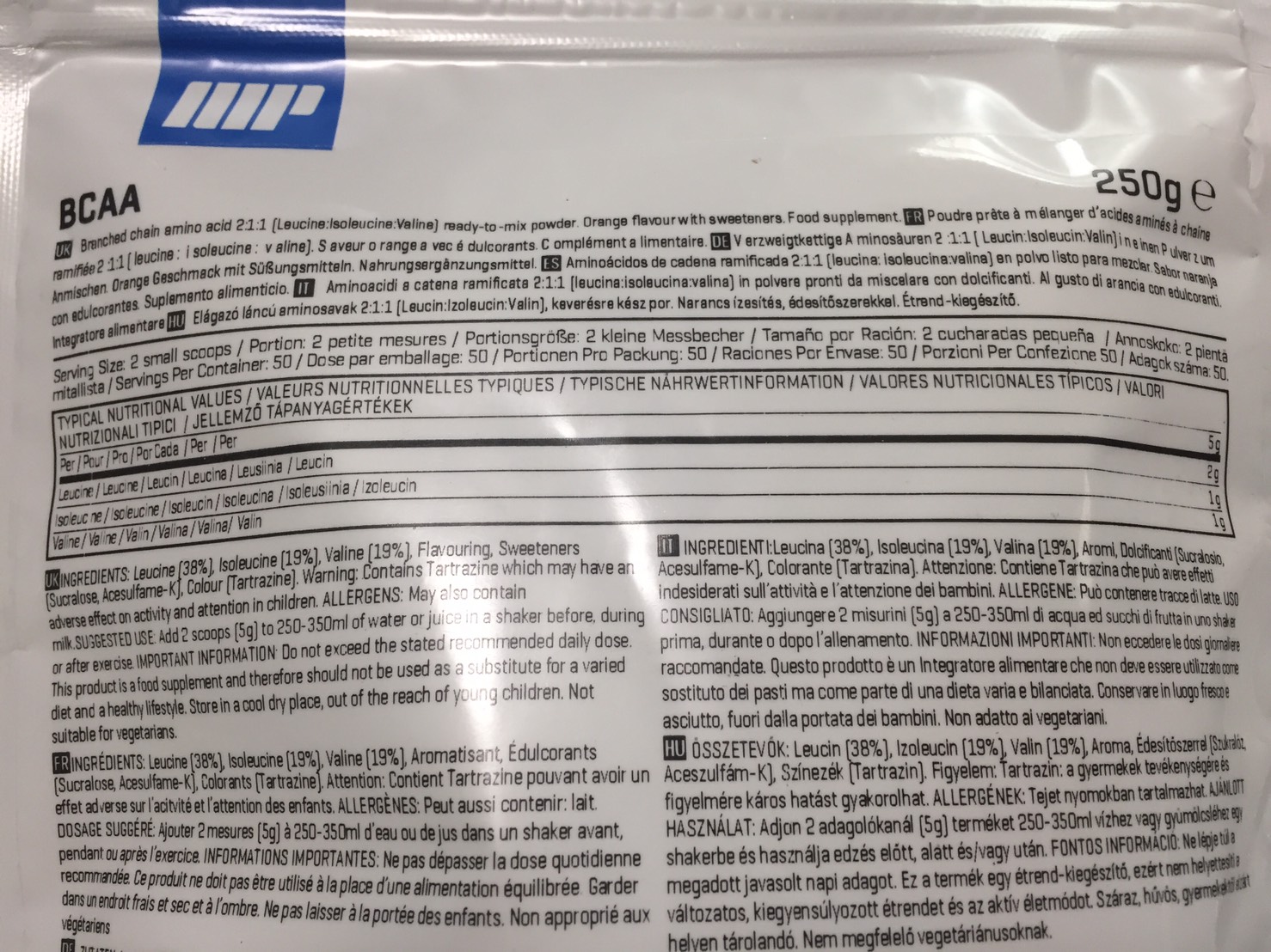 BCAA「オレンジ味(ORANGE FLAVOUR)」の成分表