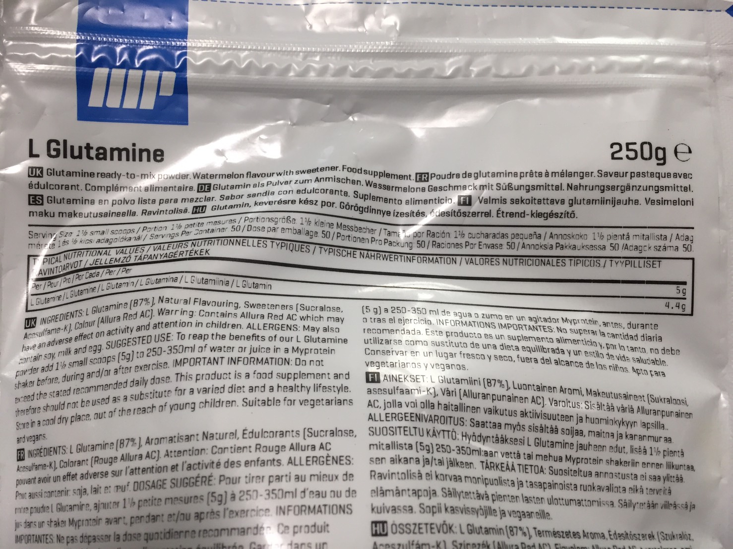 L-グルタミン「WATERMELON FLAVOUR(スイカ味)」の成分表