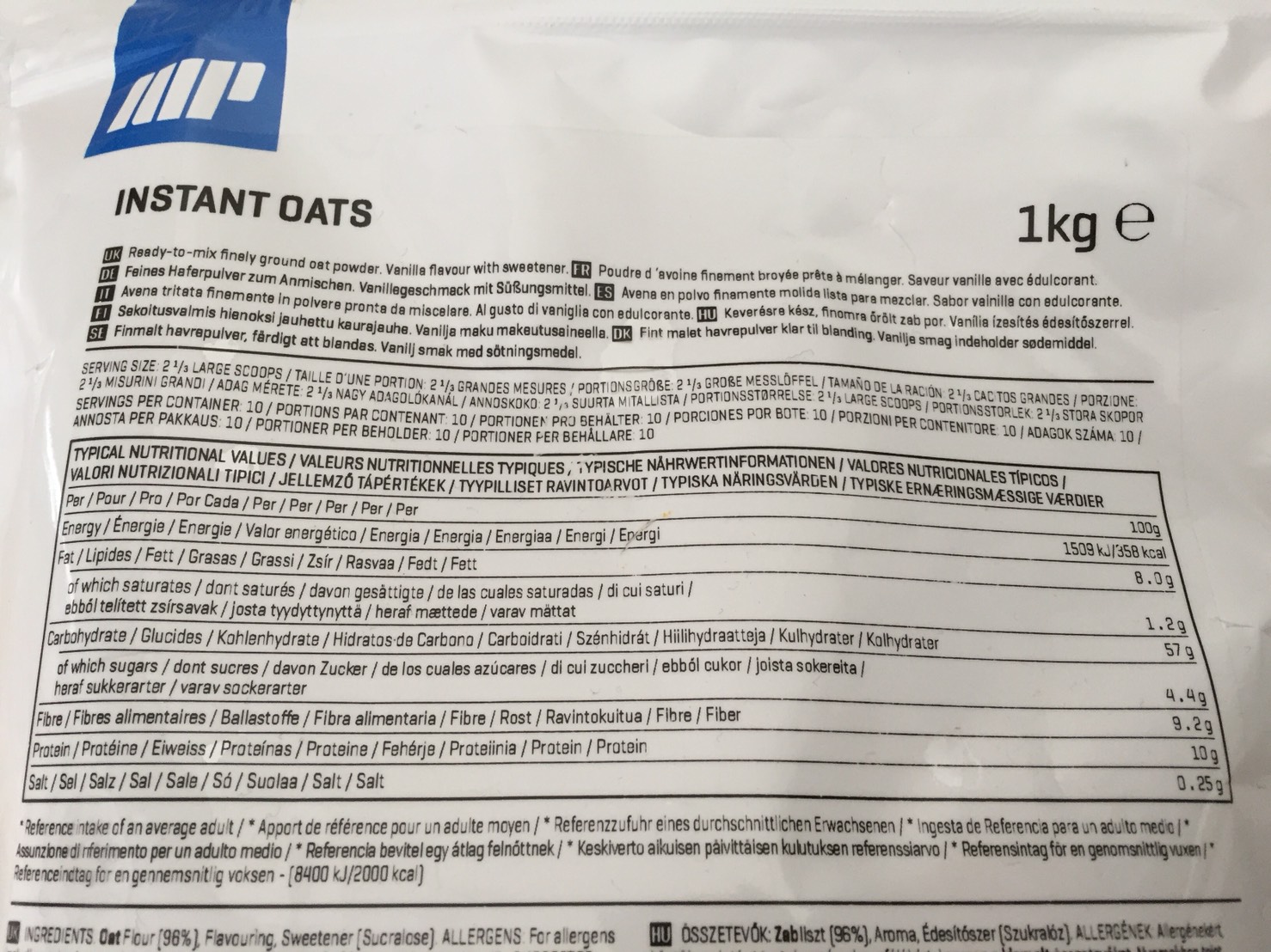 INSTANT OATS(インスタントオーツ)VANILLA FLAVOUR(バニラ味)の成分表