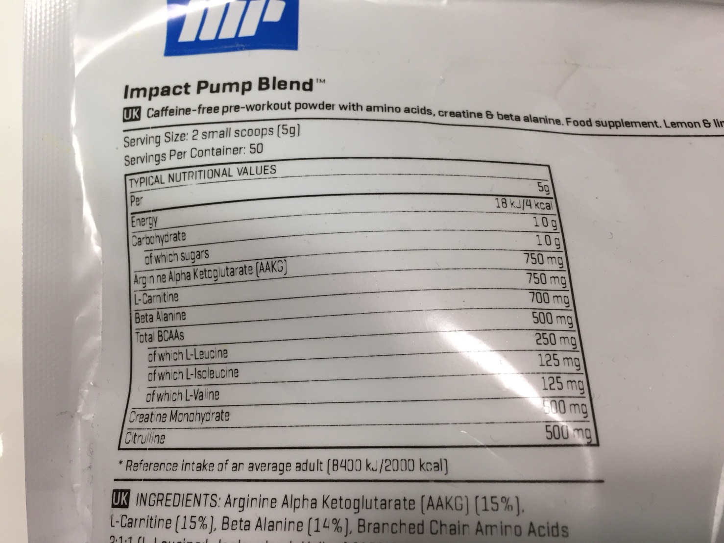 IMPACTパンプブレンド「LEMON & LIME FLAVOUR(レモン&ライム味)」の成分表