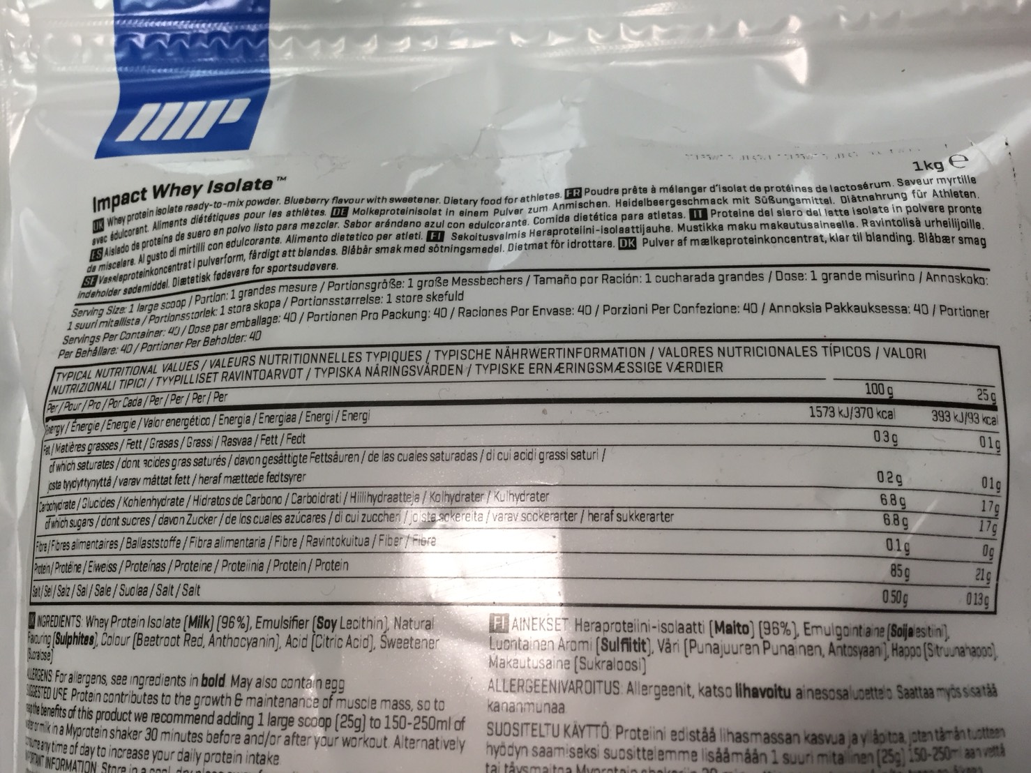 【WPI】Impactホエイアイソレート「BLUEBERRY FLAVOUR(ブルーベリー味)」の成分表