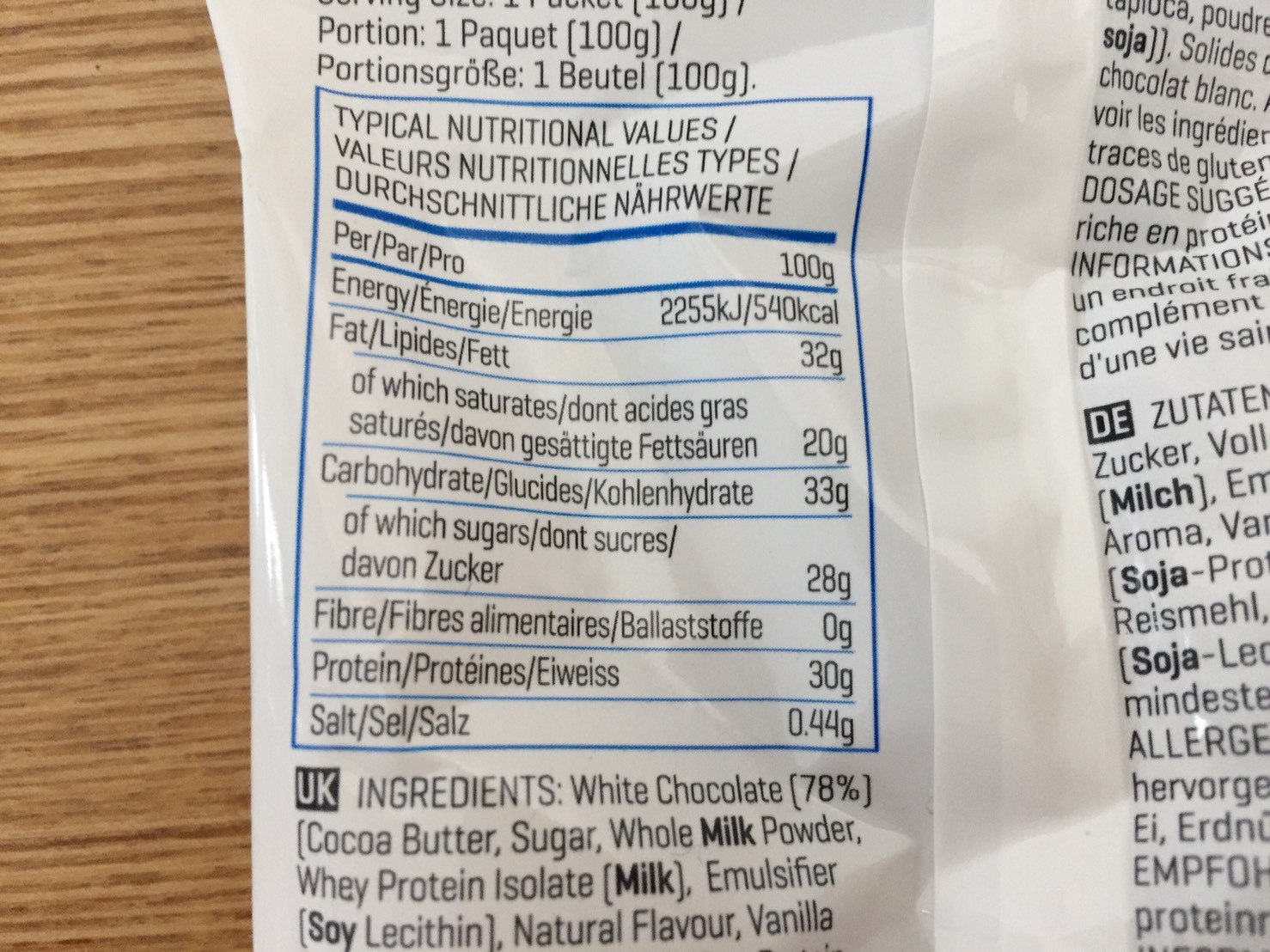 ホワイトチョコレート味の成分表