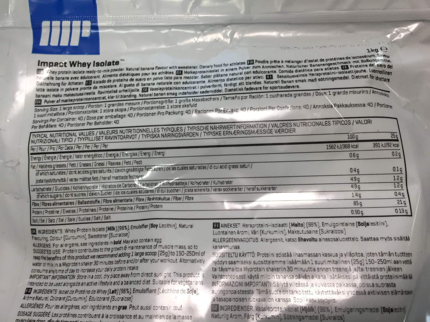 【WPI】Impactホエイアイソレート「NATURAL BANANA FLAVOUR(ナチュラルバナナ味)」の成分表
