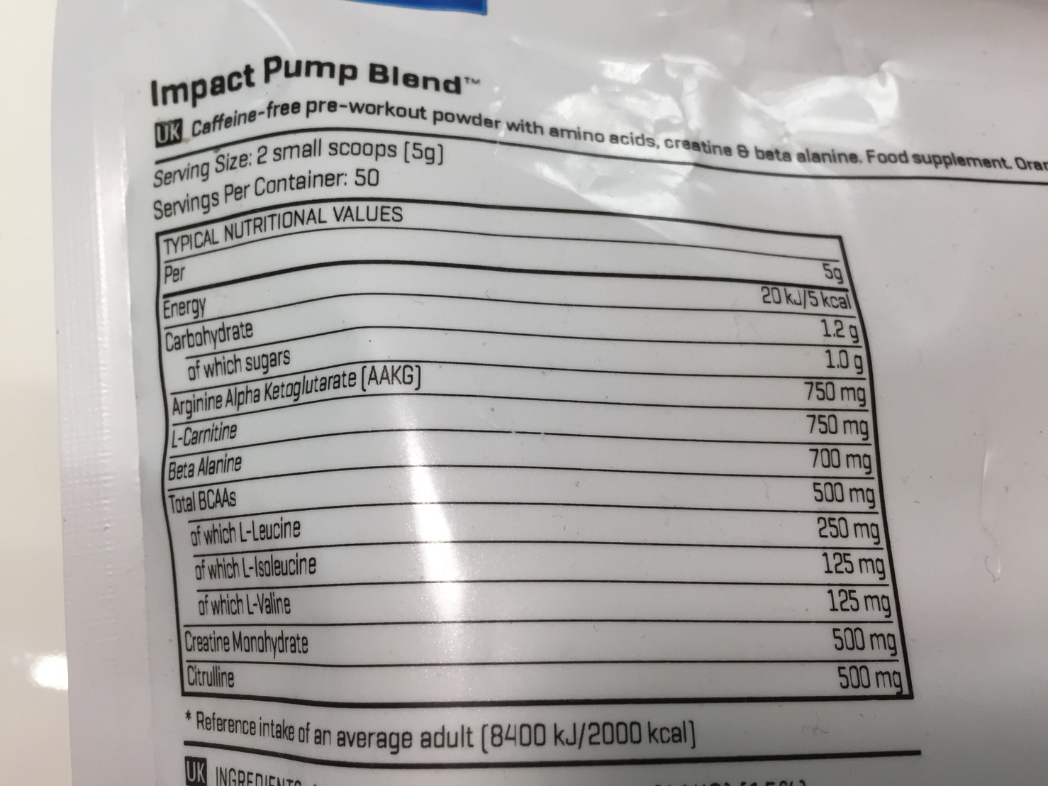 IMPACTパンプブレンド「ORANGE FLAVOUR(オレンジ味)」の成分表