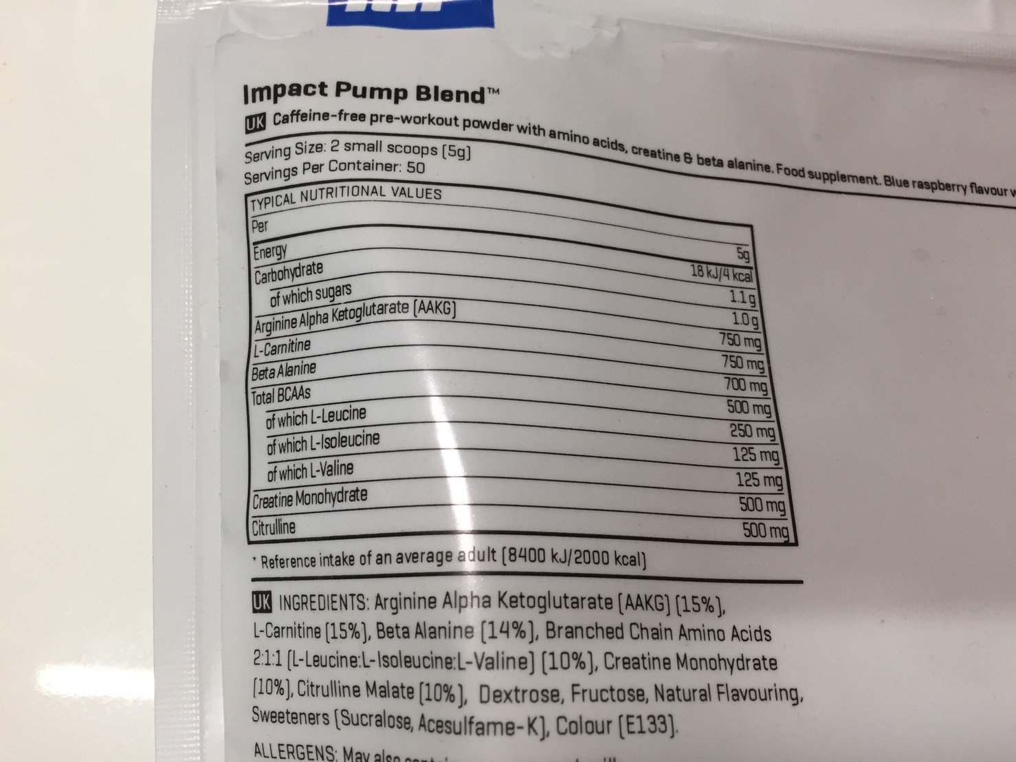 IMPACTパンプブレンド「BLUE RASPBERRY FLAVOUR(ブルーラズベリー味)」の成分表