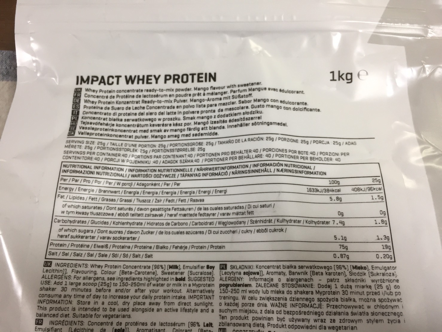 【WPC】Impactホエイプロテイン「マンゴー味」の成分表