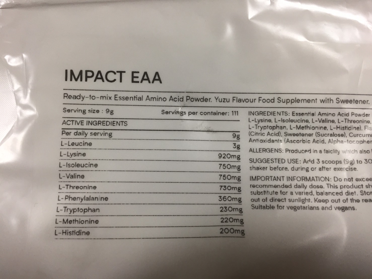 Impact EAAゆず味の成分表
