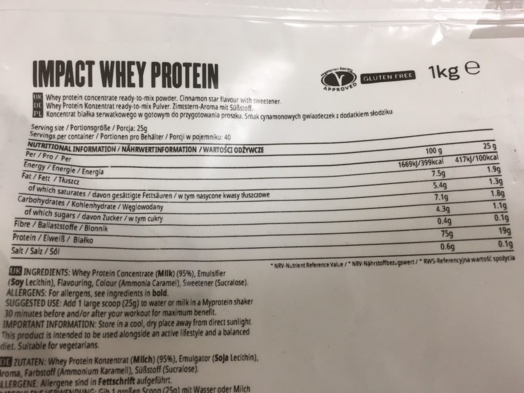 【WPC】Impactホエイプロテイン「シナモンスタークッキー味」の成分表の確認